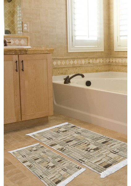 Kaymaz Taban Djt 2'li Banyo Paspas Takımı Yıldız Deri Saçaklı Modern 1937 Kahve Bej