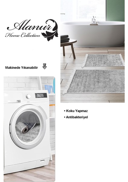 Kaymaz Taban Djt 2'li Banyo Paspas Takımı Star Pamuk Saçaklı Modern MU134 Gri