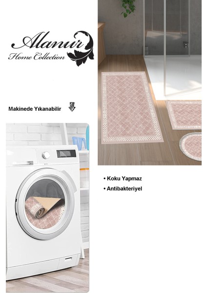 Kaymaz Taban Djt 3'lü Banyo Paspas Takımı Yıldız Deri Karışık Modern 603M Pudra
