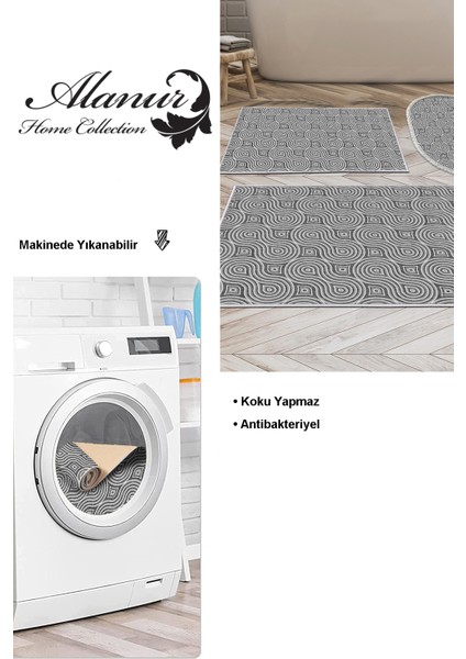 Kaymaz Taban Djt 3'lü Banyo Paspas Takımı Yıldız Deri Karışık Modern 605M Gri