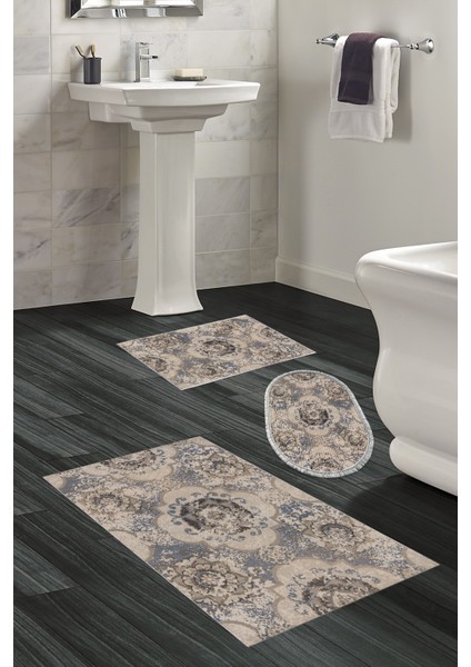 Kaymaz Taban Djt 3'lü Banyo Paspas Takımı Yıldız Deri Karışık Modern 1903M Krem