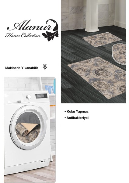 Kaymaz Taban Djt 3'lü Banyo Paspas Takımı Yıldız Deri Karışık Modern 1903M Krem