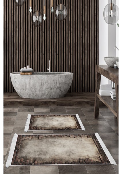 Kaymaz Taban Djt 2'li Banyo Paspas Takımı Trend Saçaklı Modern F5049 Gri