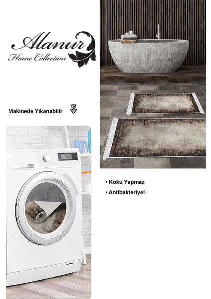 Kaymaz Taban Djt 2'li Banyo Paspas Takımı Trend Saçaklı Modern F5049 Gri