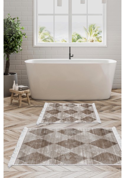 Kaymaz Taban Djt 2'li Banyo Paspas Takımı Trend Saçaklı Iskandinav F5131 Kahve