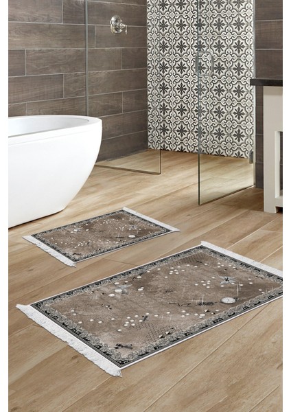 Kaymaz Taban Djt 2'li Banyo Paspas Takımı Yıldız Deri Saçaklı Modern MU118 Kahve