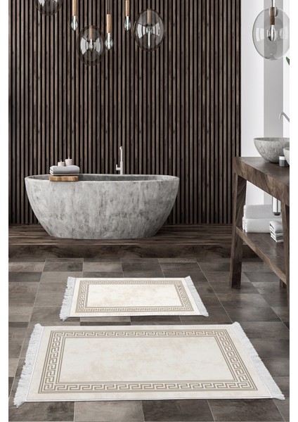 Kaymaz Taban Djt 2'li Banyo Paspas Takımı Yıldız Deri Saçaklı Modern 626M Krem