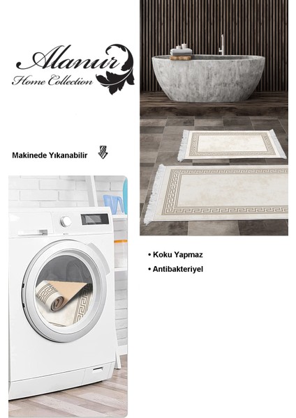 Kaymaz Taban Djt 2'li Banyo Paspas Takımı Yıldız Deri Saçaklı Modern 626M Krem