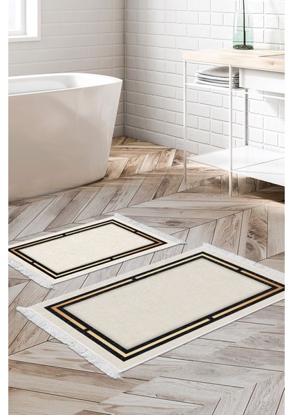 Kaymaz Taban Djt 2'li Banyo Paspas Takımı Yıldız Deri Saçaklı Modern F5006 Bej