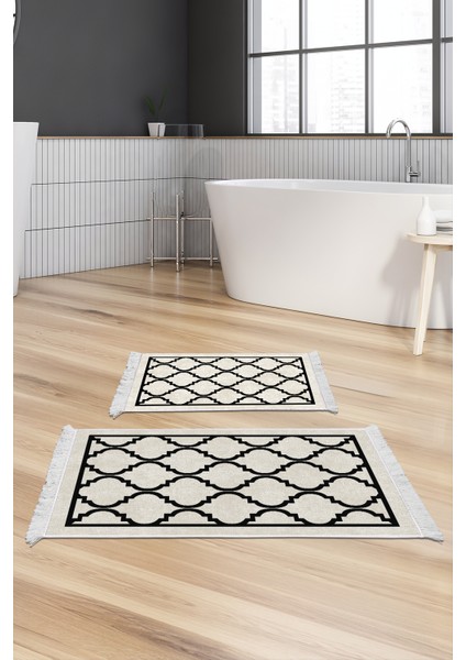 Kaymaz Taban Djt 2'li Banyo Paspas Takımı Yıldız Deri Saçaklı Modern 688M Bej