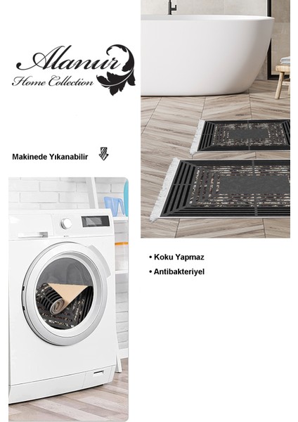 Kaymaz Taban Djt 2'li Banyo Paspas Takımı Yıldız Deri Saçaklı Modern M5132 Antrasit