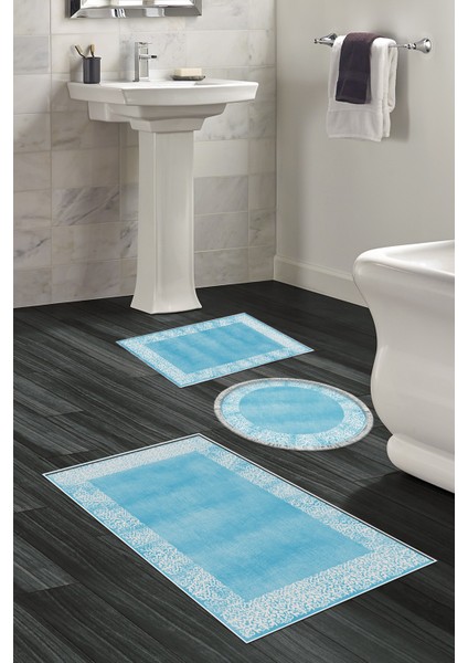 Kaymaz Taban Djt 3'lü Banyo Paspas Takımı Trend Karışık Modern 1460 Mavi