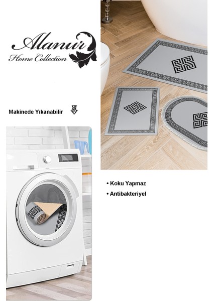 Kaymaz Taban Djt 3'lü Banyo Paspas Takımı Yıldız Deri Karışık Modern 656M Gri