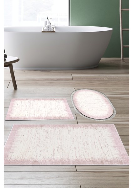 Kaymaz Taban Djt 3'lü Banyo Paspas Takımı Yıldız Deri Karışık Modern 1342 Pudra