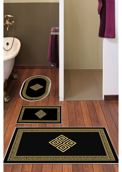 Kaymaz Taban Djt 3'lü Banyo Paspas Takımı Yıldız Deri Karışık Modern 656M Gold