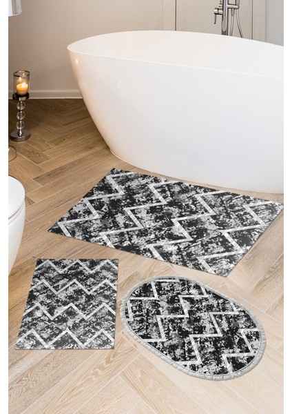 Kaymaz Taban Djt 3'lü Banyo Paspas Takımı Star Pamuk Karışık Iskandinav F5128 Siyah