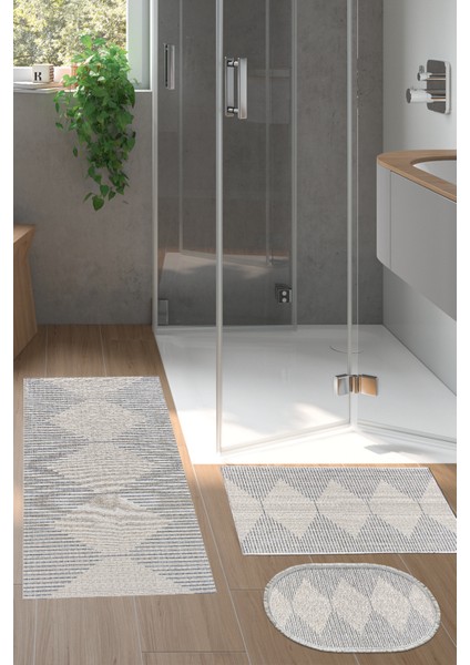 Kaymaz Taban Djt 3'lü Banyo Paspas Takımı Trend Karışık Iskandinav F5085 Lacivert