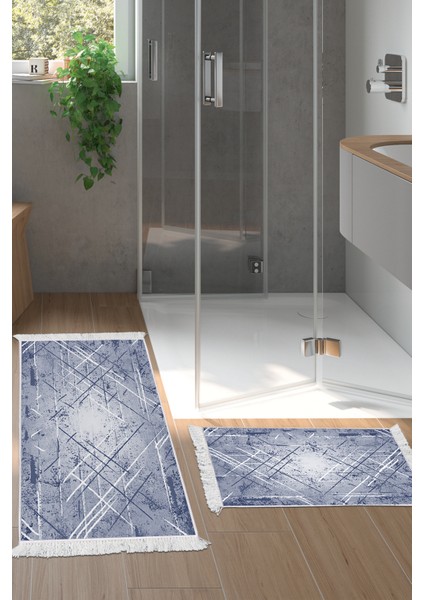 Kaymaz Taban Djt 2'li Banyo Paspas Takımı Yıldız Deri Saçaklı Modern M5003 Mavi