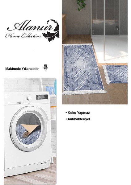 Kaymaz Taban Djt 2'li Banyo Paspas Takımı Yıldız Deri Saçaklı Modern M5003 Mavi