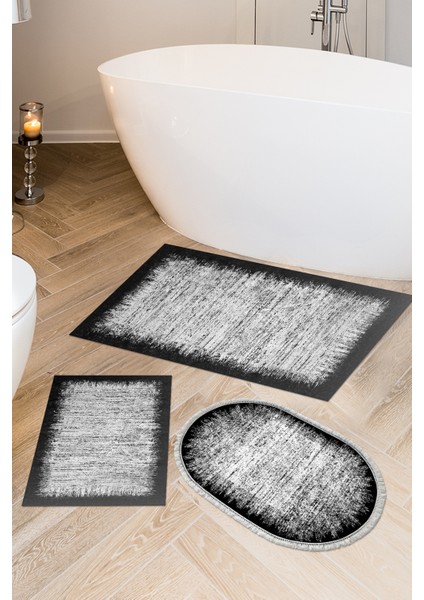 Kaymaz Taban Djt 3'lü Banyo Paspas Takımı Star Pamuk Karışık Modern 1342 Siyah