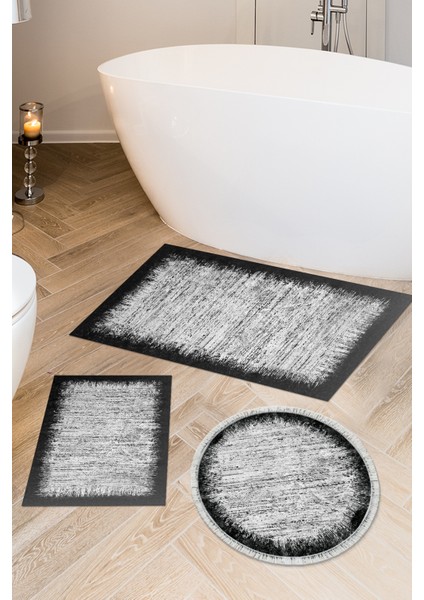 Kaymaz Taban Djt 3'lü Banyo Paspas Takımı Yıldız Deri Karışık Modern 1342 Siyah