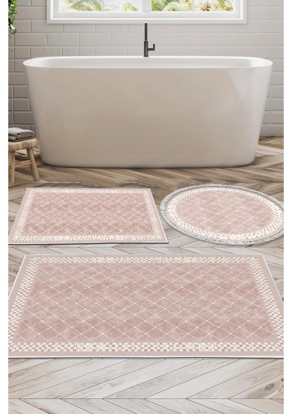 Kaymaz Taban Djt 3'lü Banyo Paspas Takımı Trend Karışık Modern 603M Pudra