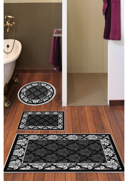 Kaymaz Taban Djt 3'lü Banyo Paspas Takımı Trend Karışık Modern 700M Siyah