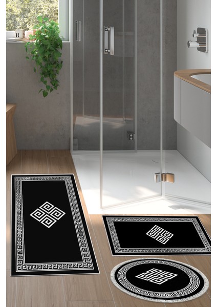 Kaymaz Taban Djt 3'lü Banyo Paspas Takımı Yıldız Deri Karışık Modern 656M Siyah