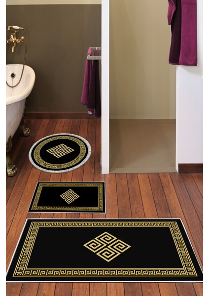 Kaymaz Taban Djt 3'lü Banyo Paspas Takımı Yıldız Deri Karışık Modern 656M Gold