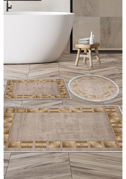 Kaymaz Taban Djt 3'lü Banyo Paspas Takımı Trend Karışık Modern 691M Camel