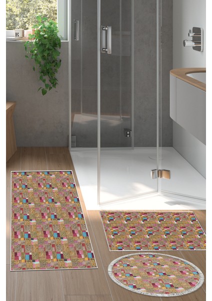 Kaymaz Taban Djt 3'lü Banyo Paspas Takımı Yıldız Deri Karışık Modern 2155M Renkli
