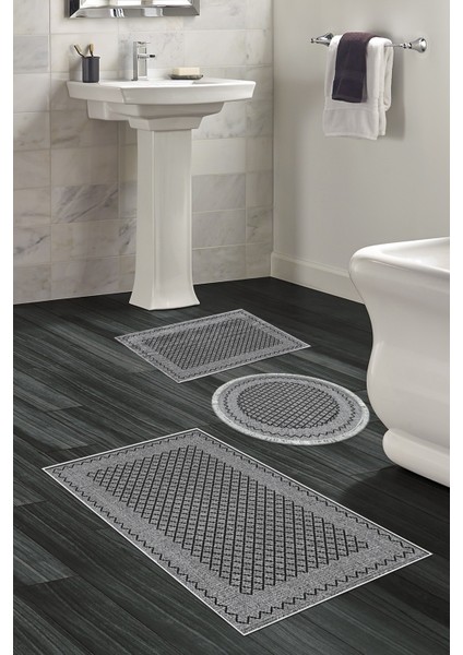 Kaymaz Taban Djt 3'lü Banyo Paspas Takımı Trend Karışık Modern M5001 Gri
