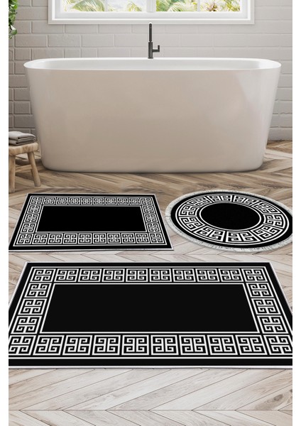 Kaymaz Taban Djt 3'lü Banyo Paspas Takımı Yıldız Deri Karışık Modern 608M Siyah