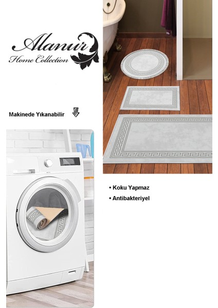 Kaymaz Taban Djt 3'lü Banyo Paspas Takımı Yıldız Deri Karışık Modern 626M Gri