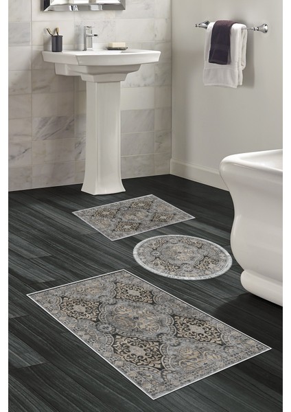 Kaymaz Taban Djt 3'lü Banyo Paspas Takımı Yıldız Deri Karışık Modern 659M Bej
