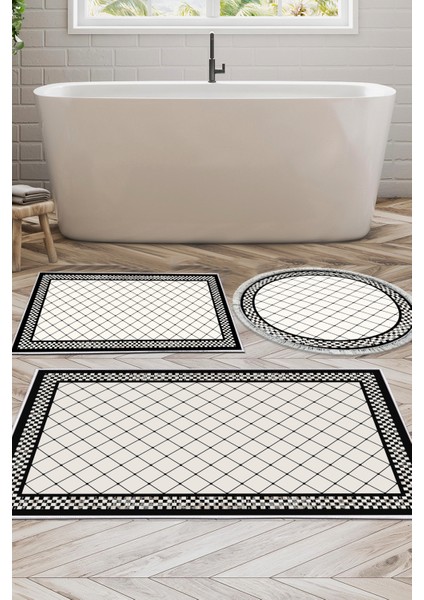 Kaymaz Taban Djt 3'lü Banyo Paspas Takımı Yıldız Deri Karışık Modern 603M Krem