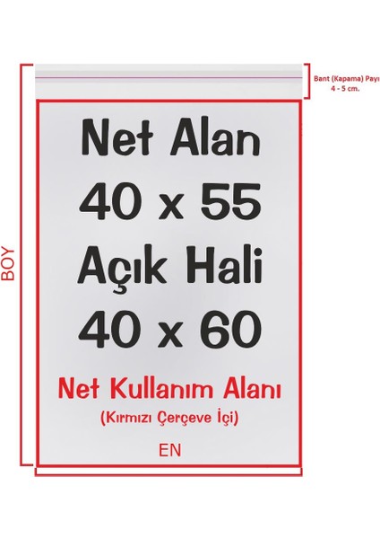 40X55+5 (40*60) Cm. 250 Adet - Şeffaf Bantlı Yapışkanlı Jelatin Poşet