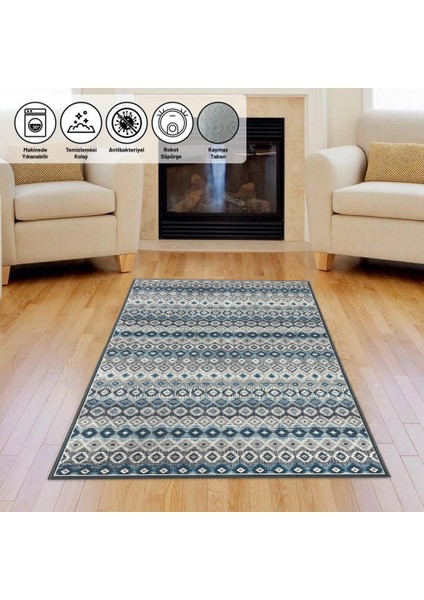 Modern Iskandinav Kilim Desenli Mavi Gri Halı Kaymaz Taban Makinada Yıkanabilir