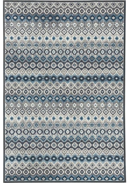 Modern Iskandinav Kilim Desenli Mavi Gri Halı Kaymaz Taban Makinada Yıkanabilir