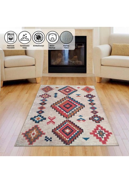 Iskandinav Otantik Kilim Desenli Krem Renkli Modern Halı Kaymaz Taban Makinada Yıkanabilir