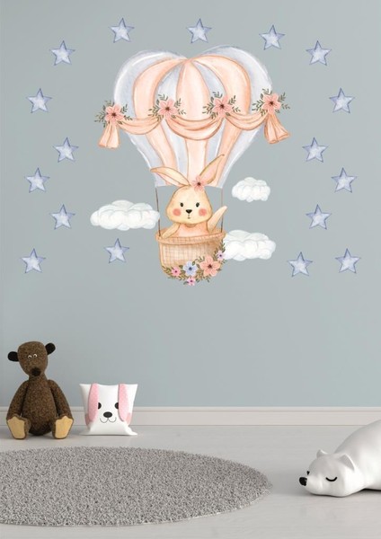 Bulutlar ve Uçan Balonda Sevimli Peluş Tavşan Sticker fırsatları