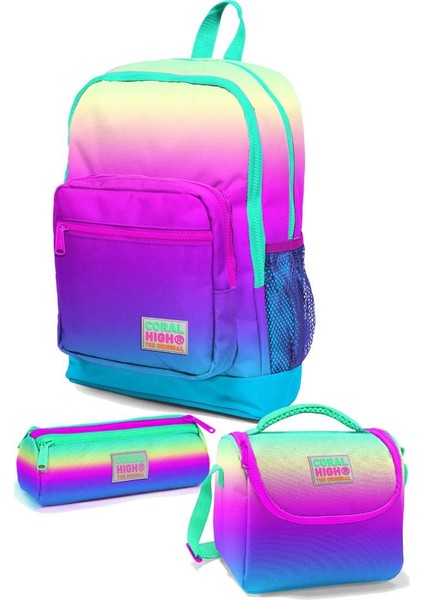 Kids Neon Pembe Su Yeşili Kalp Desenli Dört Bölmeli Okul Sırt Çantası,thermo Beslenme Çan