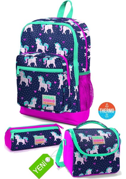 Kids Neon Pembe Su Yeşili Kalp Desenli Dört Bölmeli Okul Sırt Çantası,thermo Beslenme Çan