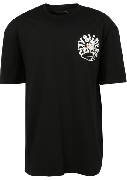 Bisiklet Yaka Baskılı Siyah Erkek T-Shirt Tc 9019