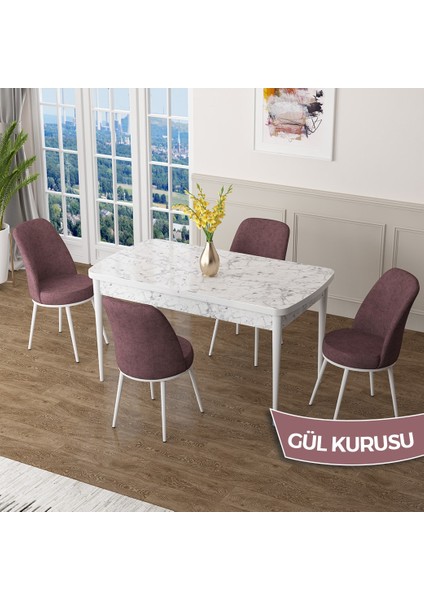 Concept Zen Serisi Açılabilir Beyaz Mermer Desen Mdf 80X132 Mutfak Masası Takımı 4 Sandalye