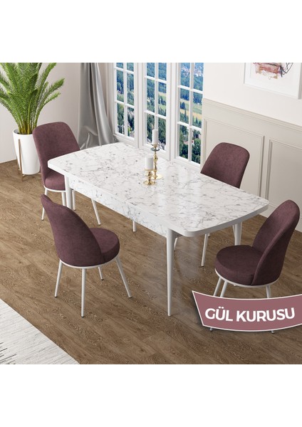 Concept Zen Serisi Açılabilir Beyaz Mermer Desen Mdf 80X132 Mutfak Masası Takımı 4 Sandalye