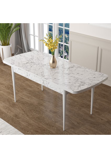 Concept Zen Serisi Açılabilir Beyaz Mermer Desen Mdf 80X132 Mutfak Masası Takımı 4 Sandalye