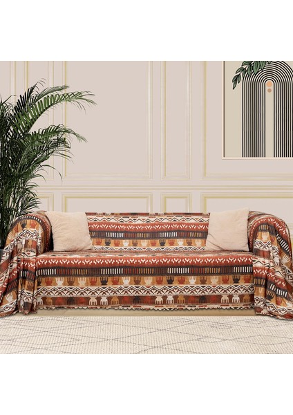 Softmicro Etnik Desenli Boho 180X220 cm Koltuk Örtüsü Şalı, Kanepe Örtüsü, Tv Battaniyesi Toprak