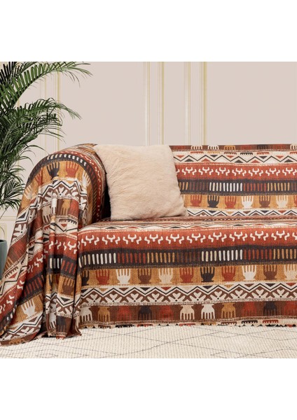 Softmicro Etnik Desenli Boho 180X220 cm Koltuk Örtüsü Şalı, Kanepe Örtüsü, Tv Battaniyesi Toprak
