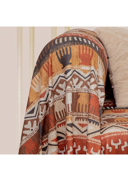 Softmicro Etnik Desenli Boho 180X220 cm Koltuk Örtüsü Şalı, Kanepe Örtüsü, Tv Battaniyesi Toprak
